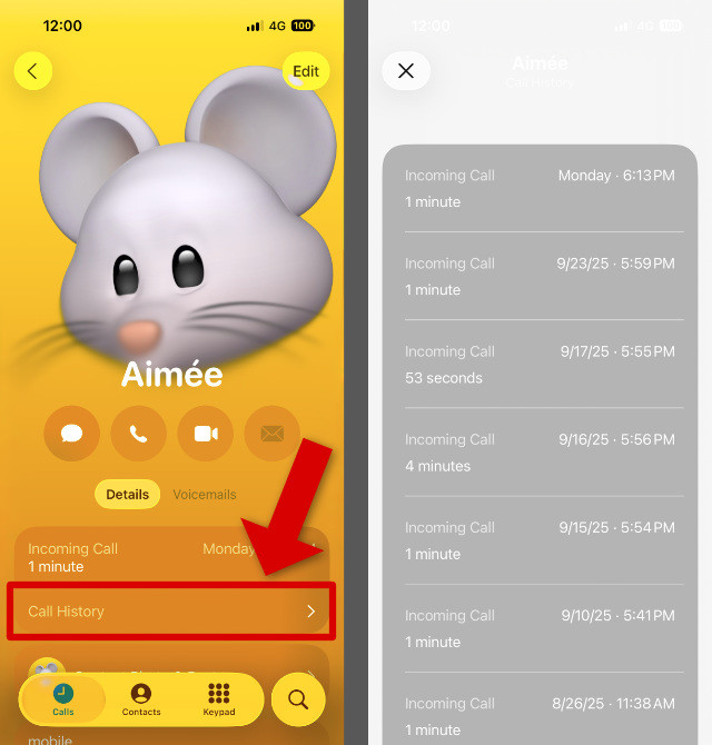 iPhoneで特定の連絡先の拡張通話履歴にアクセスする方法