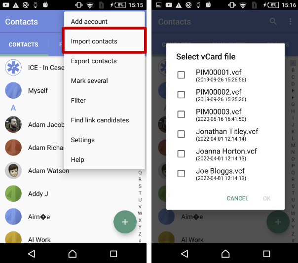 Androidで連絡先をインポート。