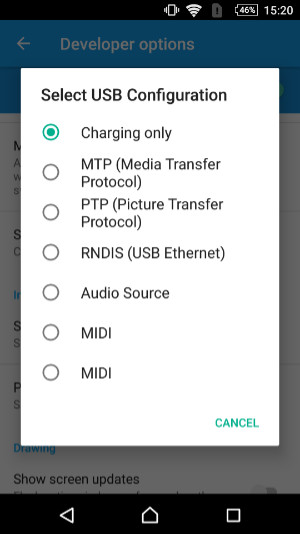 AndroidのUSB設定に「充電のみ」と表示される