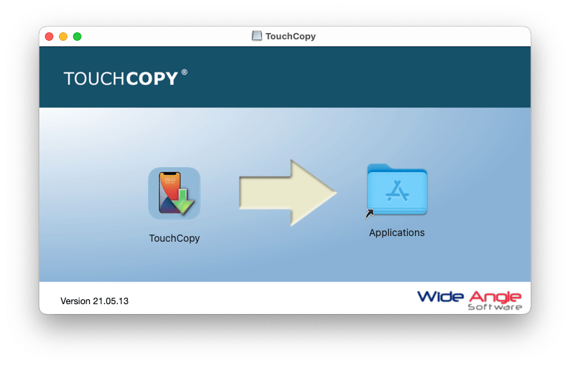 TouchCopyアイコンをアプリケーションフォルダにドラッグ＆ドロップします。